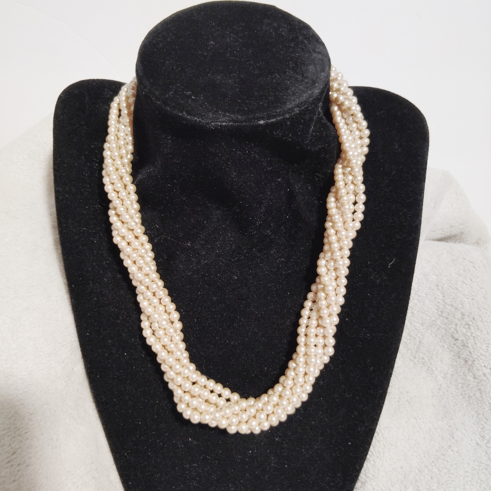 Faux Pearl Twisted Seven Strand Choker Necklace w/Gold Tone Hook Chain Closure